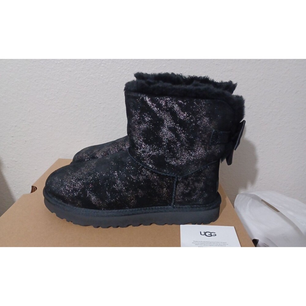 Ugg Women's Mini Bailey Bow Black Glimmer Boots Size 9 NWB